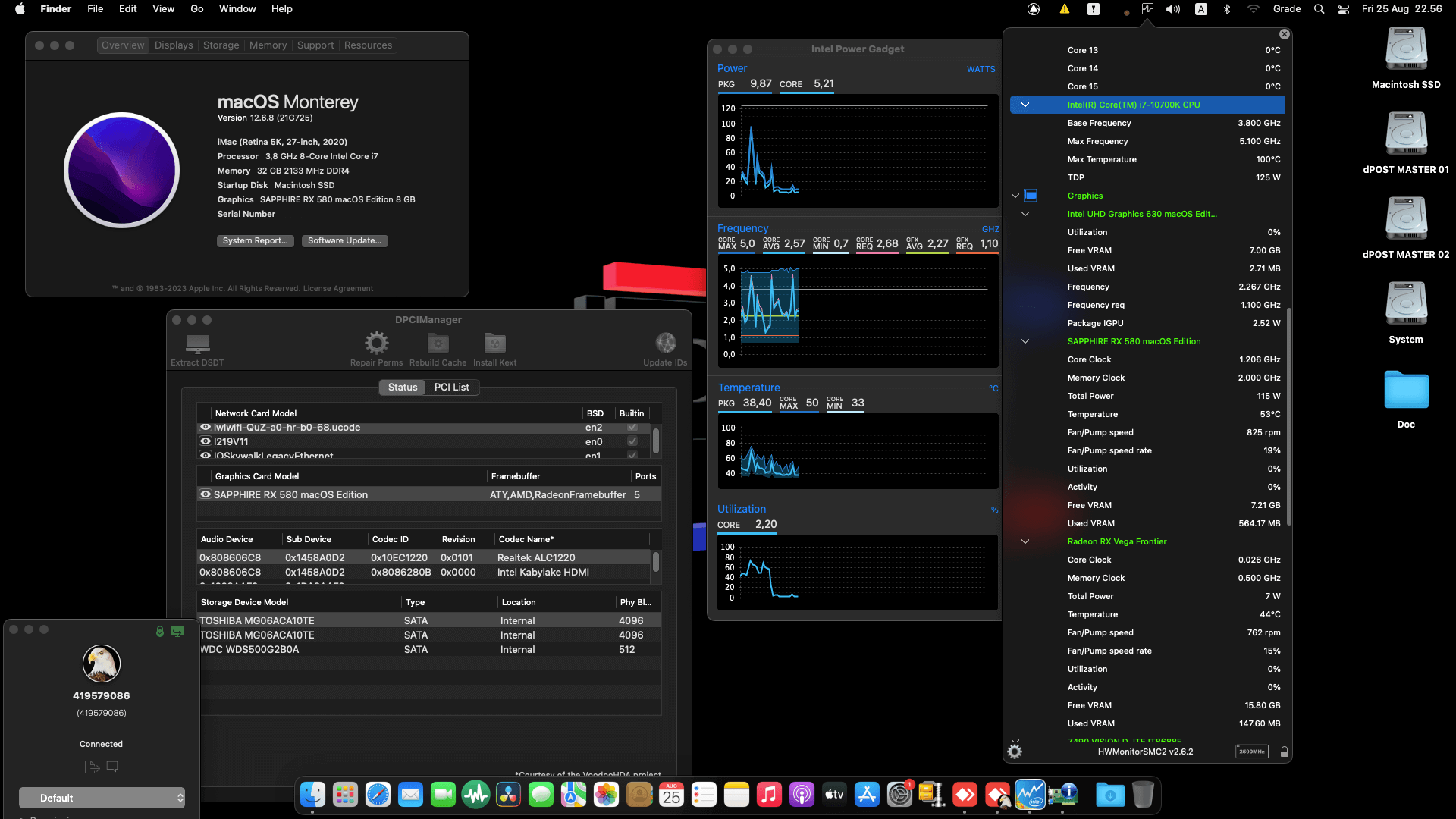 Success Hackintosh macOS Monterey 12.6.8 Build 21G725 in Gigabyte Z490 Vision D + Intel Core i7 10700K + Sapphire RX 580 + Radeon Vega Frontier